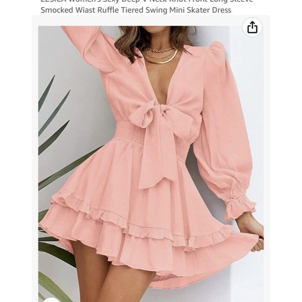 zescia womans sexy long sleeve dress w/tie, smocked waist sz womans sm NWT - Picture 5 of 14
